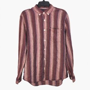 32 Bar Blues Linen Button Down Shirt Mens Medium Red Striped Long Sleeve Casual